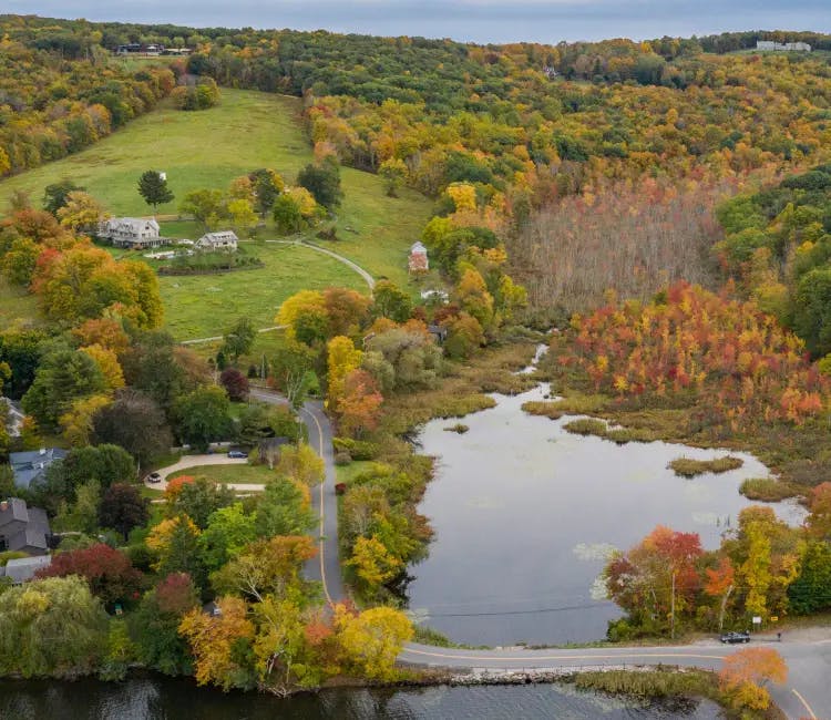 Bird’s-eye view of a forested landscape in Washington, CT