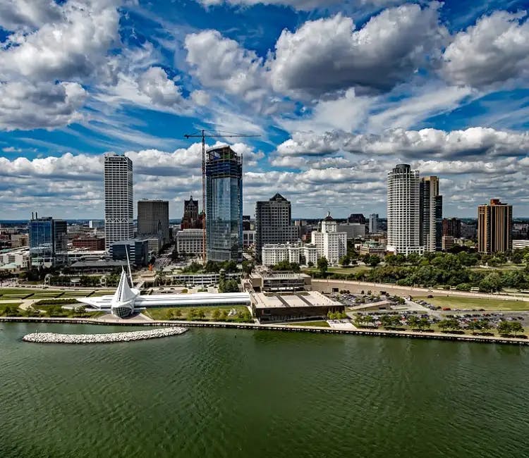 Birds eye view of the city of Milwaukee.