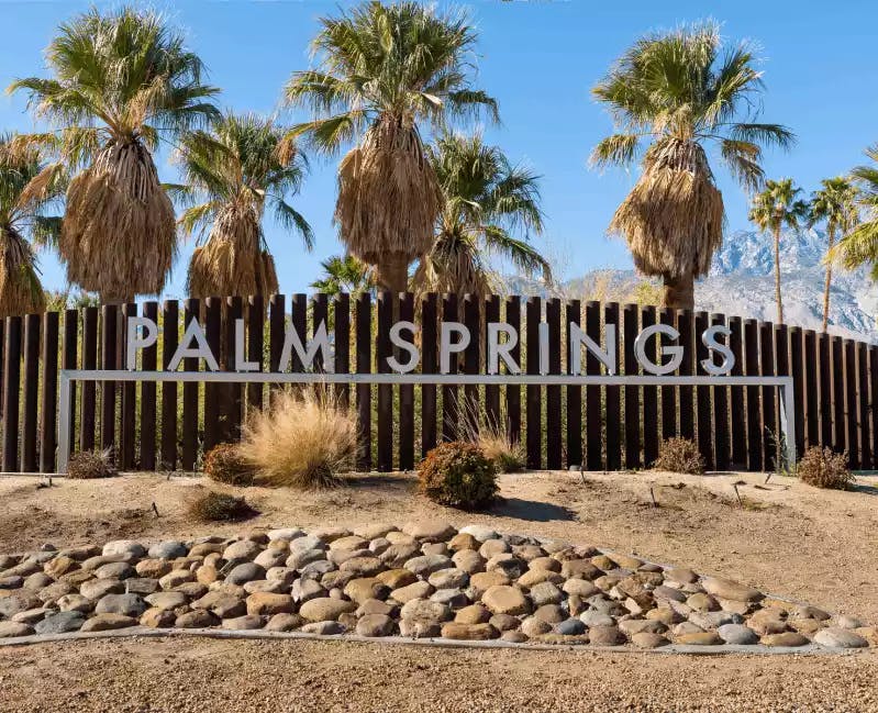 Palm springs sign with characteristic palms in the background